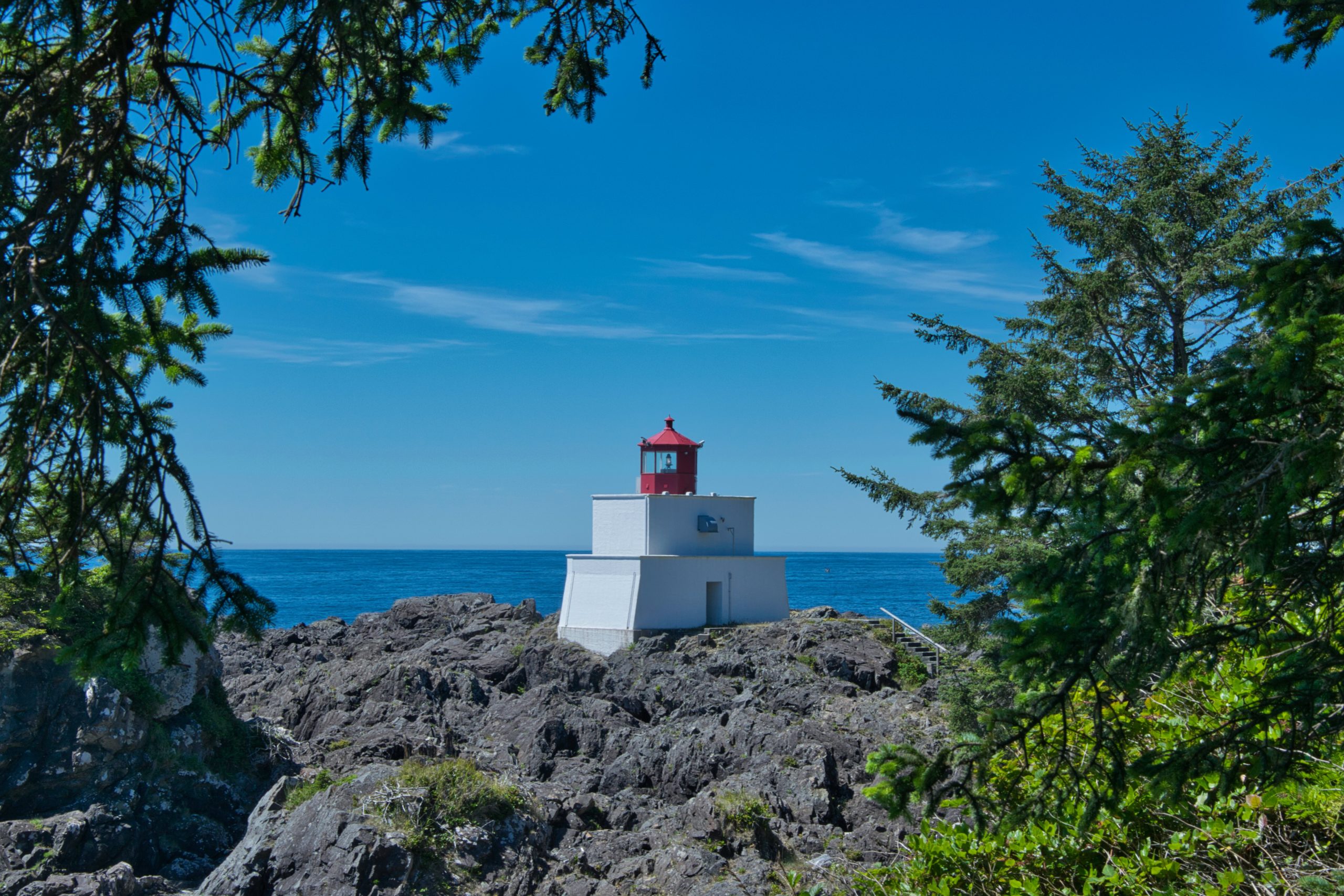 Le phare d’Amphitrite, sur le sentier Wild Pacific à Ucluelet : côte rocheuse, forêt et océan
