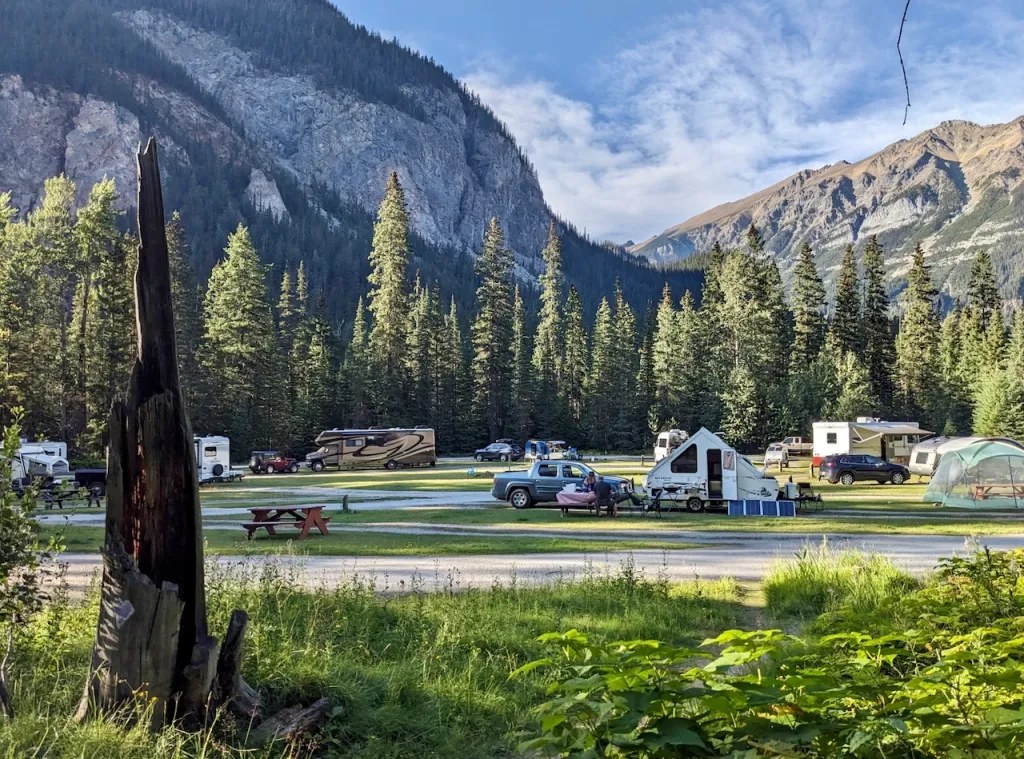 Le camping Kicking Horse, dans Yoho : des VR et des roulottes sur des emplacements gazonnés en lisière de forêt, les montagnes derrière